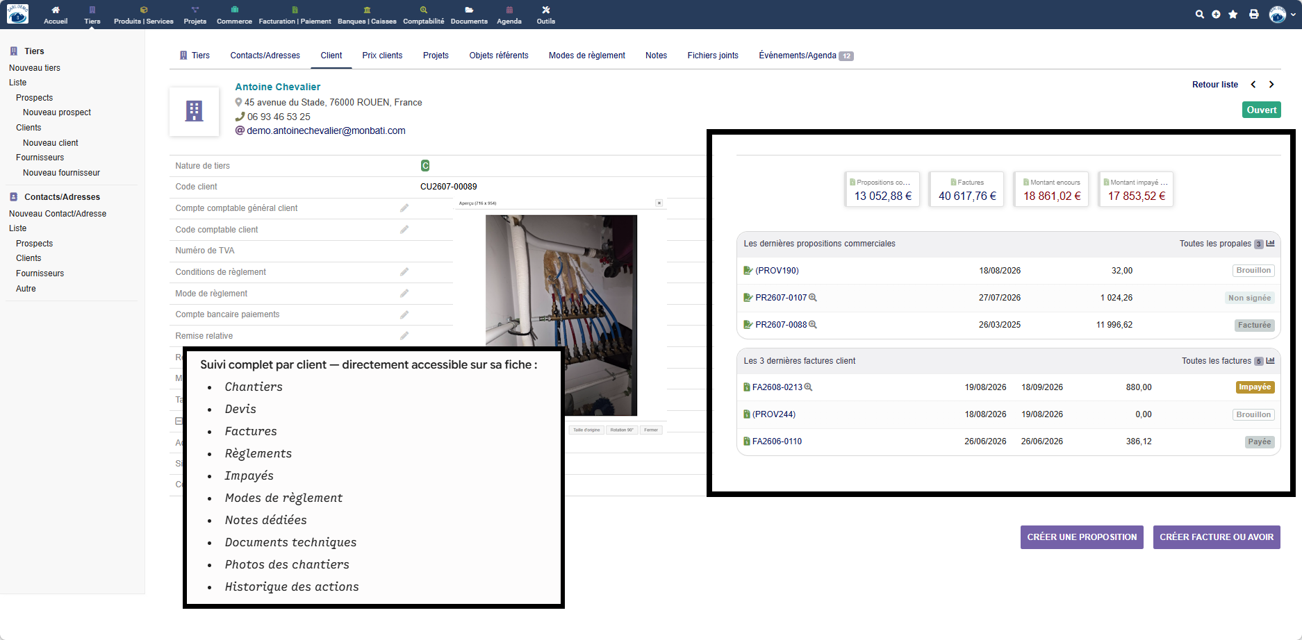 La fiche client MonBati : devis, factures, encours, impayés et photos de chantier au même endroit